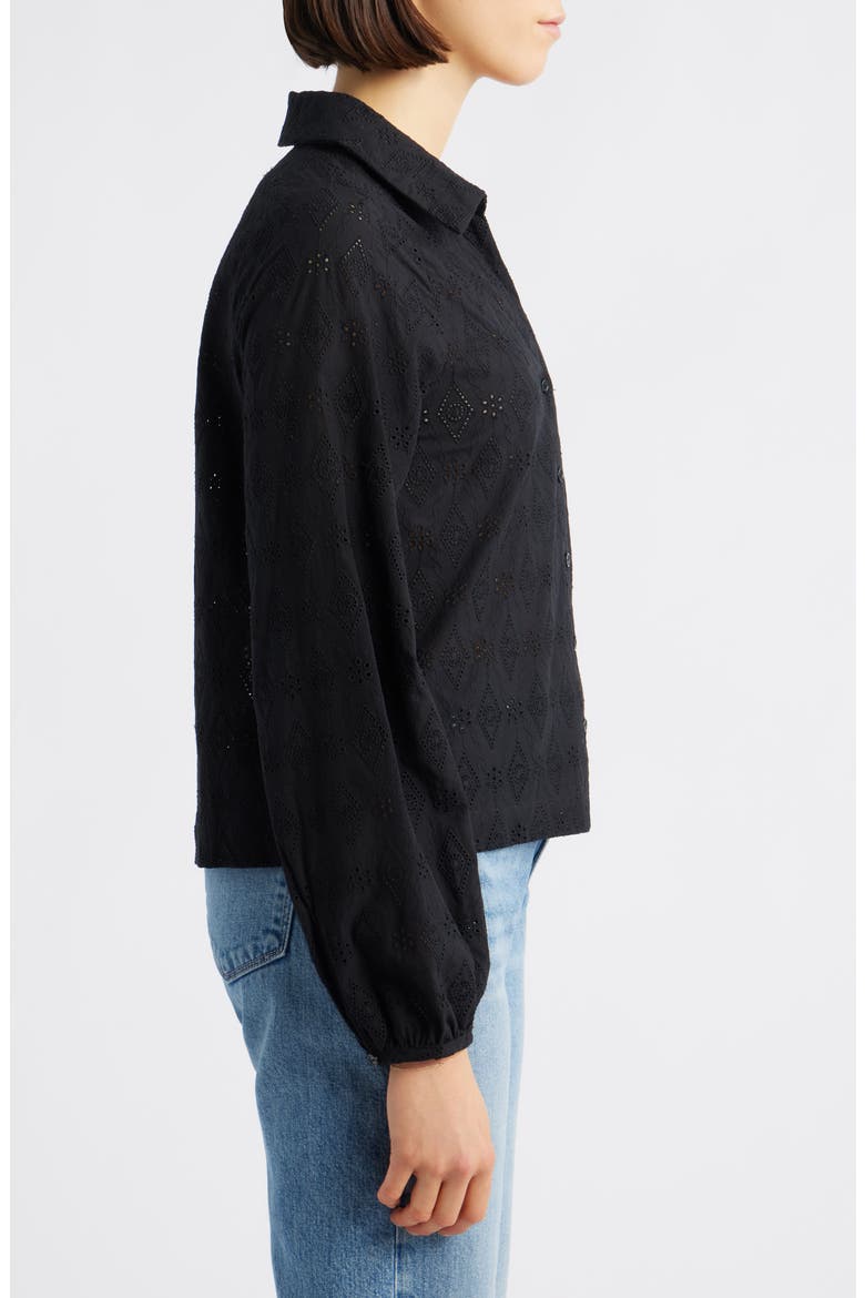 Embroidered Eyelet Cotton Button-Up Shirt, Alternate, color, BLACK