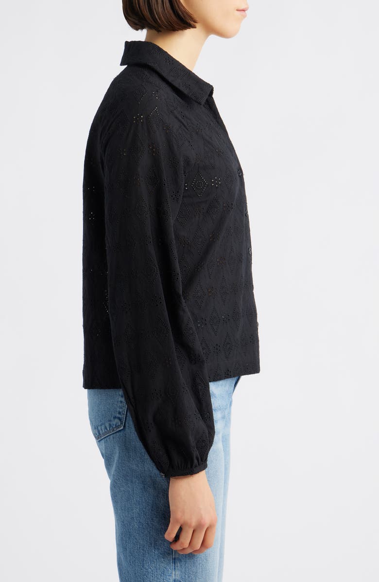 Bobeau Embroidered Eyelet Cotton Button-Up Shirt, Alternate, color, Black