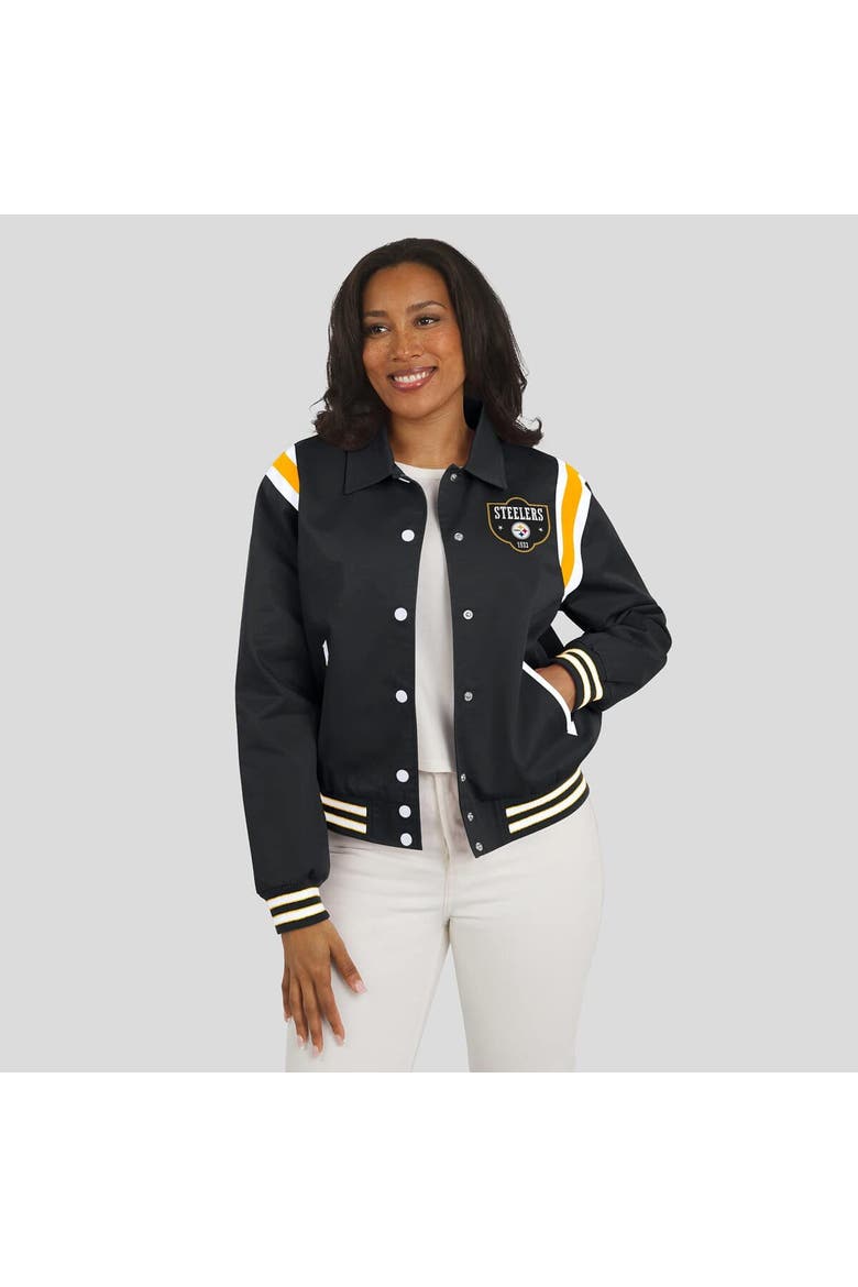 Women's WEAR by Erin Andrews Black Pittsburgh Steelers Varsity Lightweight Full-Snap Jacket, Alternate, color, Black