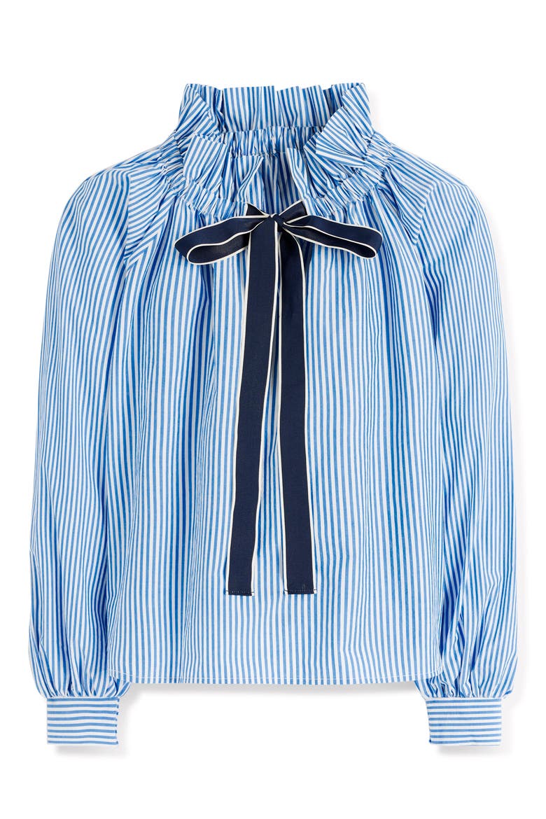 Bow Neck Ruffle Shirt, Main, color, BRIGHT BLUE, IVORY STRIPE