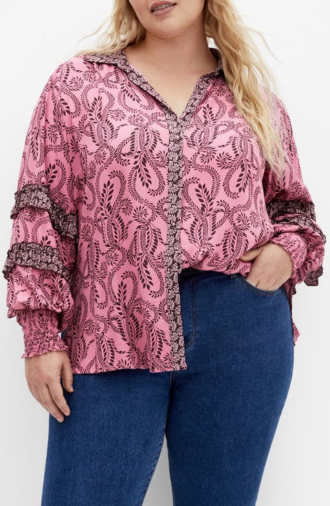 Lylah Mixed Print Long Sleeve Button-Up Shirt (Plus)