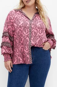 City Chic Lylah Mixed Print Long Sleeve Button-Up Shirt