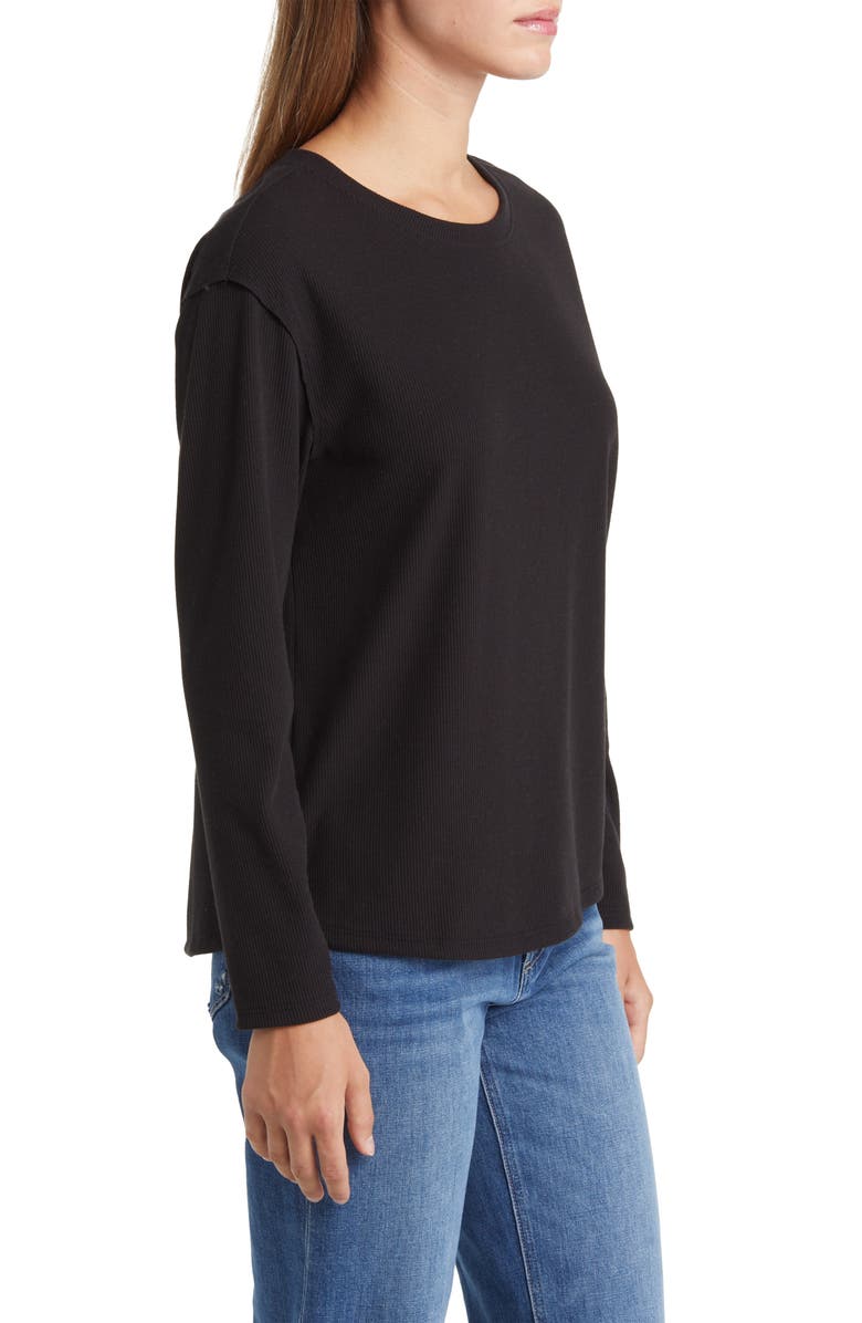 Caslon<sup>®</sup> Pleat Black Long Sleeve Rib Top, Alternate, color,