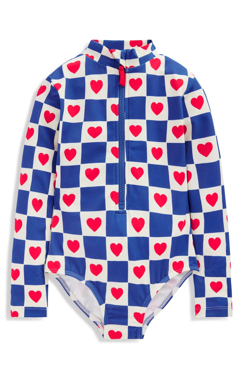 Mini Boden Kids' Long Sleeve One-Piece Swimsuit, Main, color, Bluejay Heart Stamp
