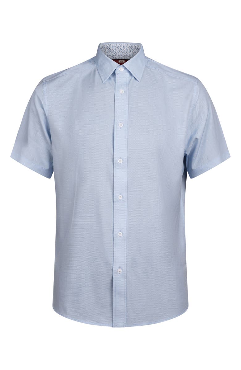 Report Collection Geo Print Short Sleeve Stretch Button-Up Shirt, Alternate, color, Blue
