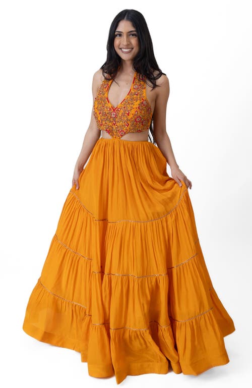 Raas Neale Embroidered Tiered Halter Gown