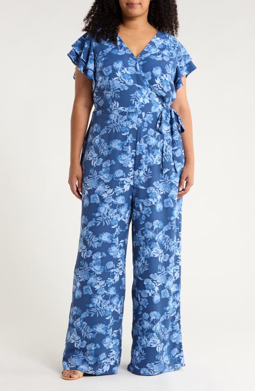Sugarlips Bary Floral Tiley Wide Leg Jumpsuit In Blue