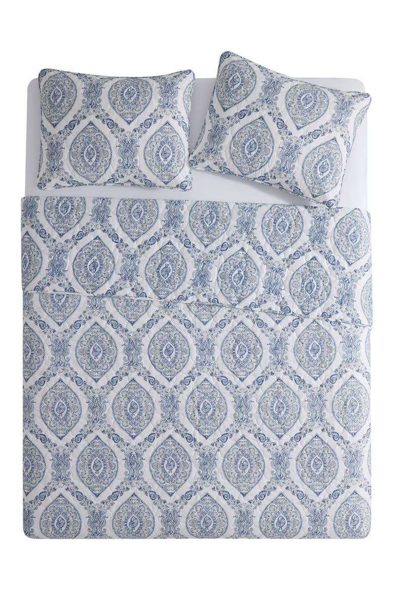 Sea Damask 3-Piece Quilt Set, Main, color, BLUE/ MULTI