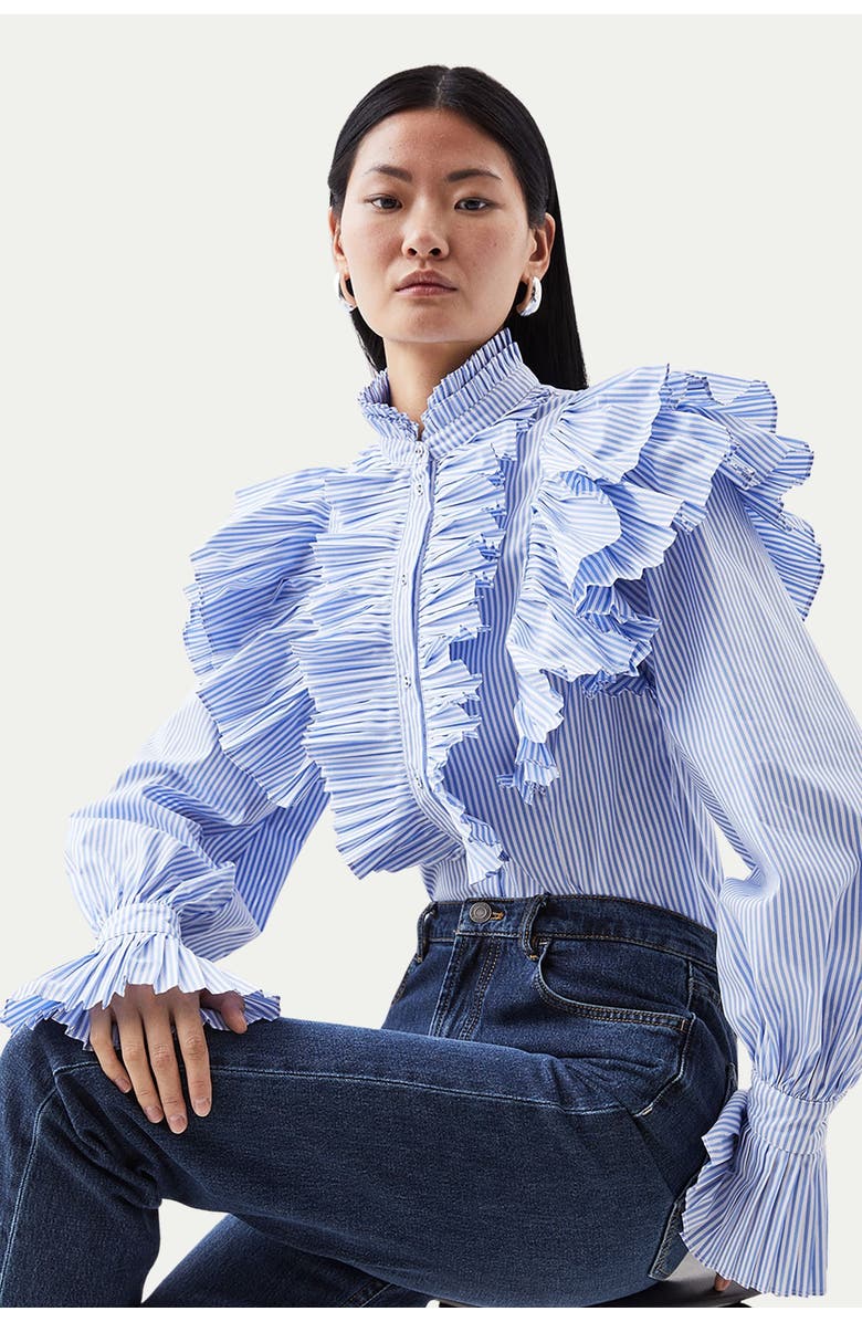 Karen Millen Pleated Striped Ruffle Woven Shirt, Main, color, Stripe