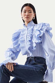 Karen Millen Pleated Striped Ruffle Woven Shirt