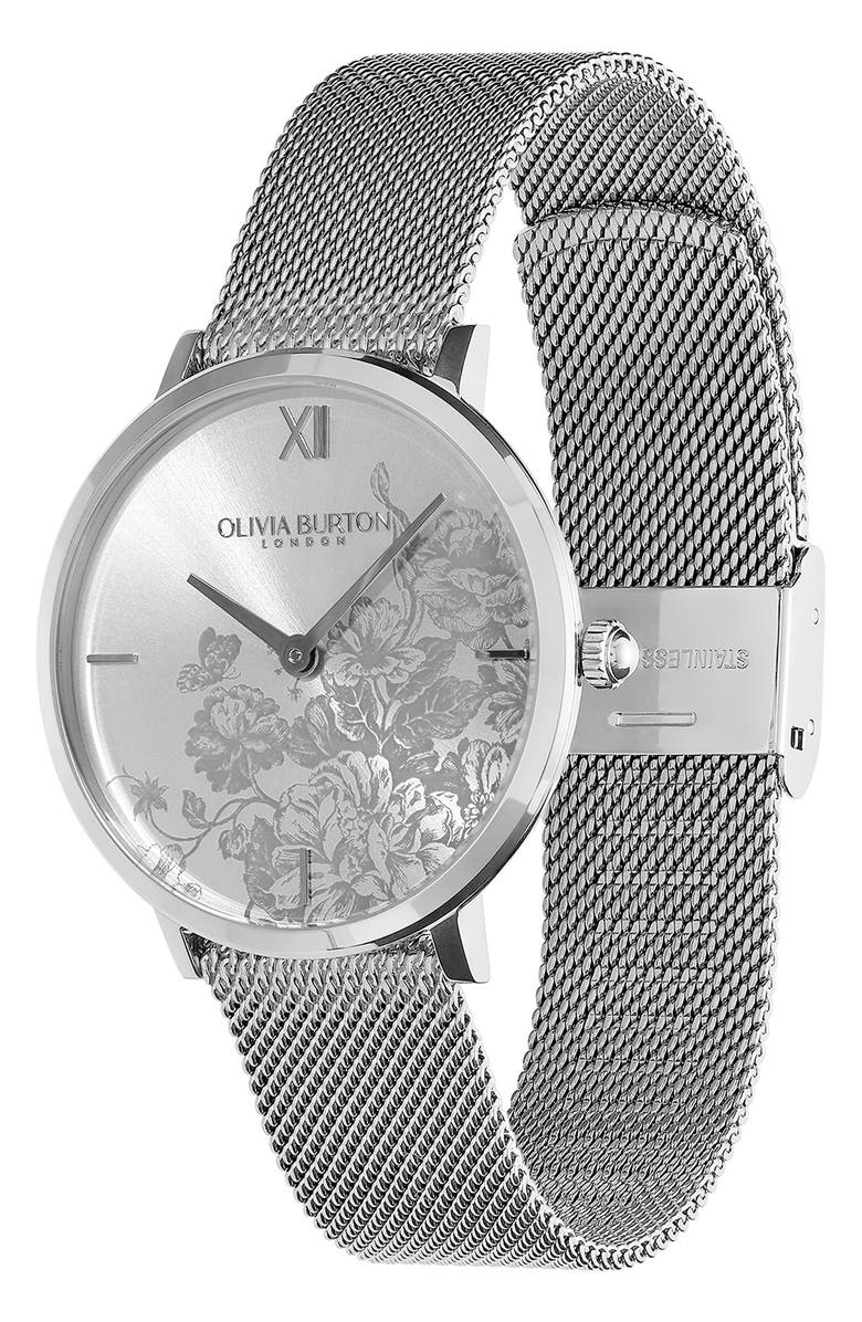 Olivia Burton Floral Blooms Mesh Strap Watch, 35mm, Alternate, color, Silver White