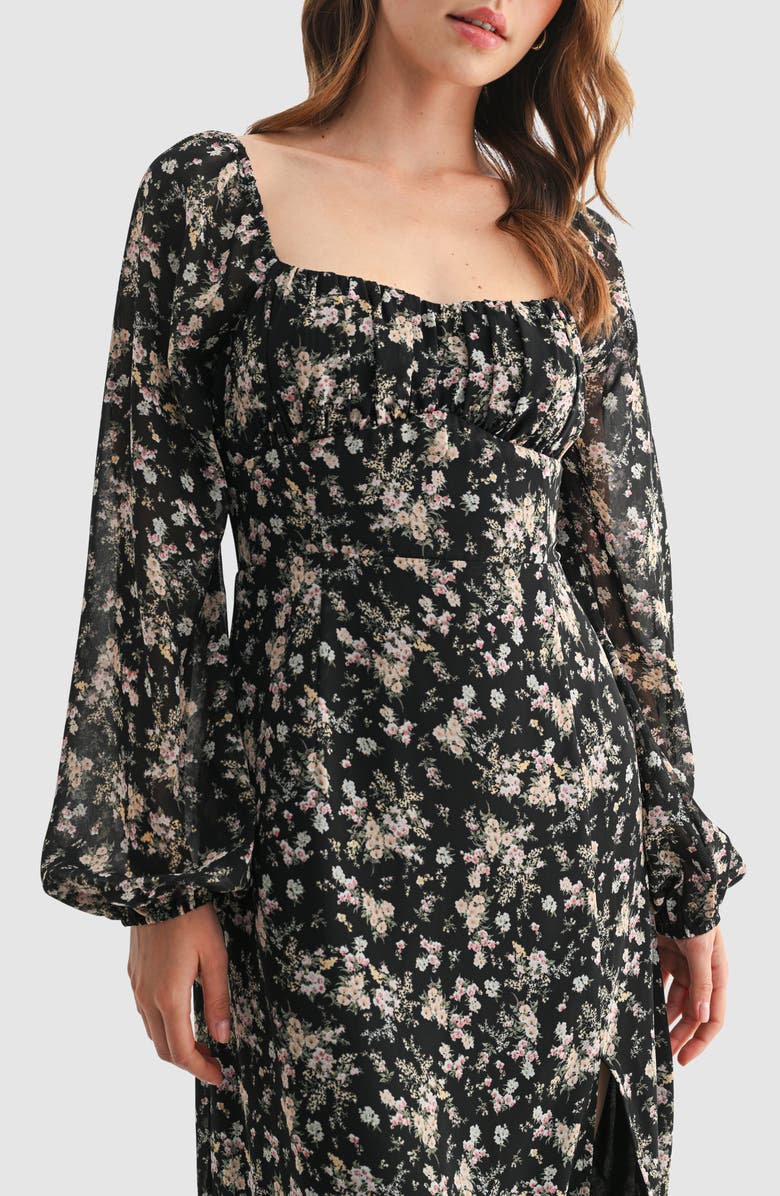 All in Favor Floral Long Sleeve Ruffle Hem Midi Dress, Alternate, color, Black Pink Floral