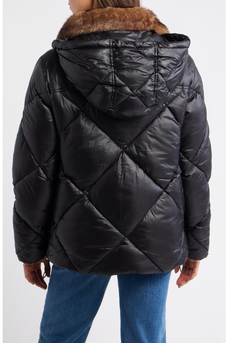 Diamond Quilted Puffer Jacket with Faux Fur Hood, Alternate, color, BLACK