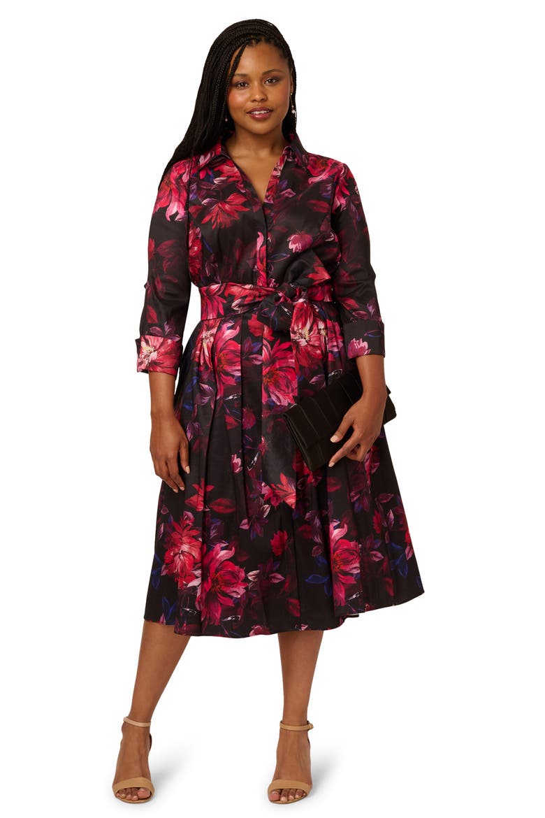 Print Long Sleeve Taffeta Shirtdress, Alternate, color, BLACK MULTI