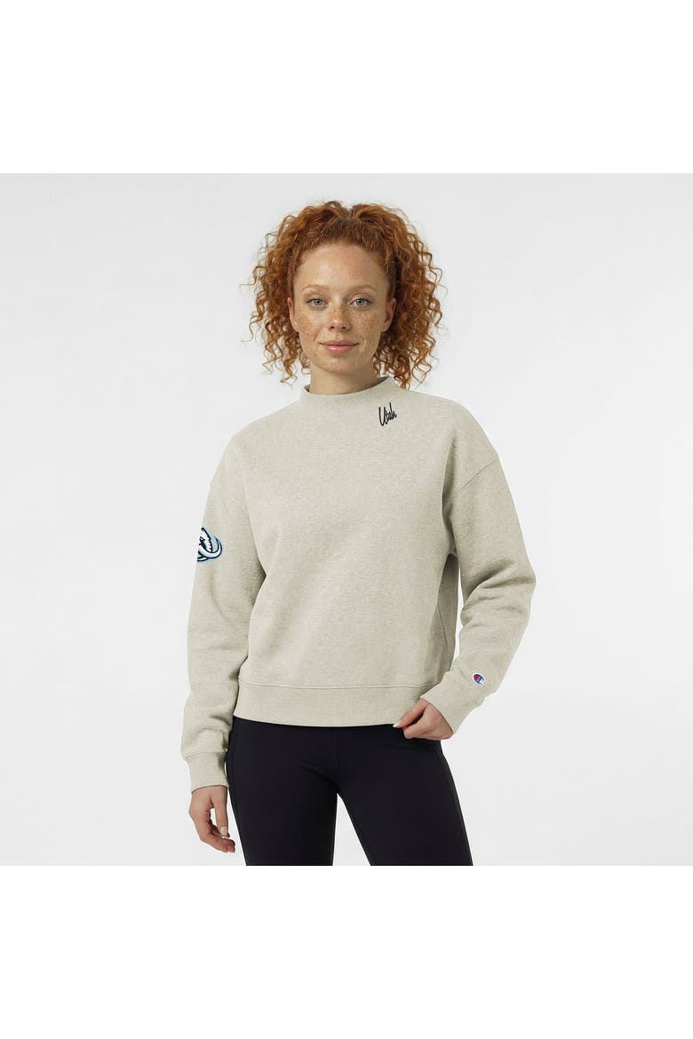 Women's Champion  Oatmeal Utah Mammoth Collar Script Triumph Fleece Crewneck Sweatshirt, Main, color, Oatmeal