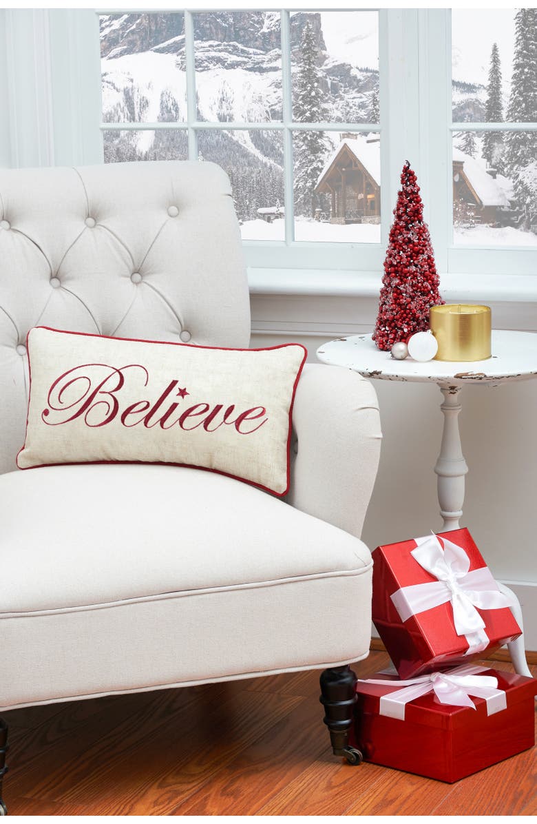 C&F Home "Believe" Cursive Script Cotton Blend Christmas Mini Accent Pillow 10" x 18.5", Alternate, color, Brown