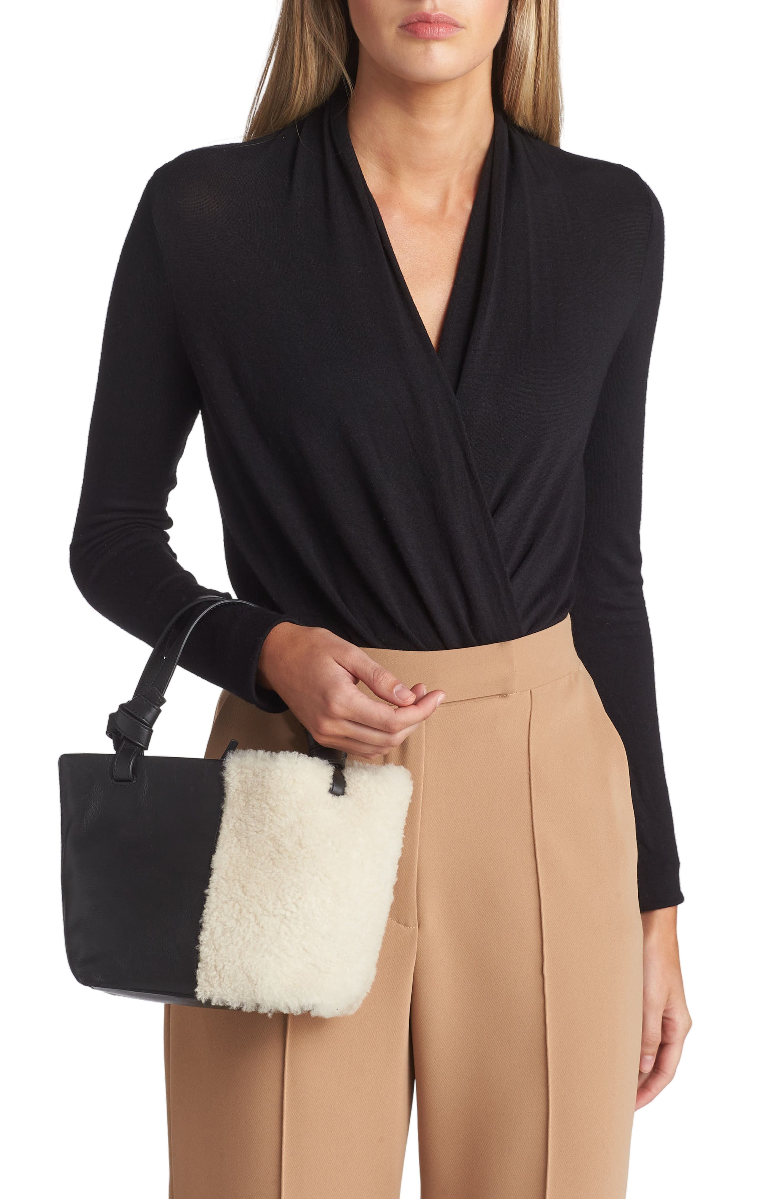 STAUD Ida Mini Leather & Genuine Shearling Tote Bag, Alternate, color, 