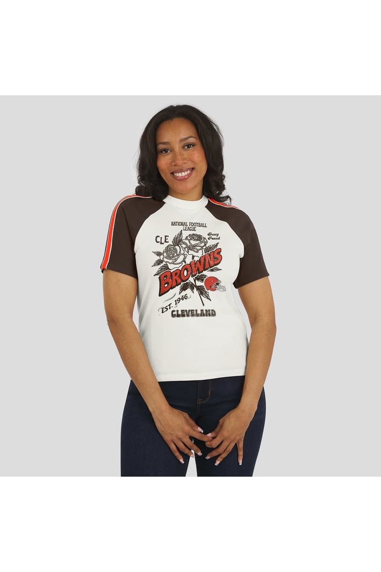 Women's WEAR by Erin Andrews White Cleveland Browns Sleeve Stripe Distressed Raglan T-Shirt, Alternate, color, White