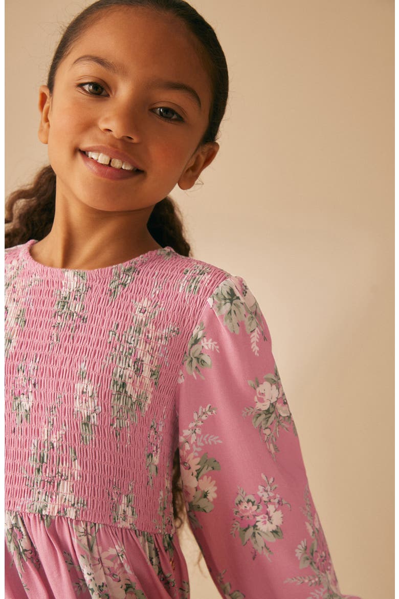 Kids' Smocked Long Sleeve Midi Dress, Alternate, color, PINK FLORAL