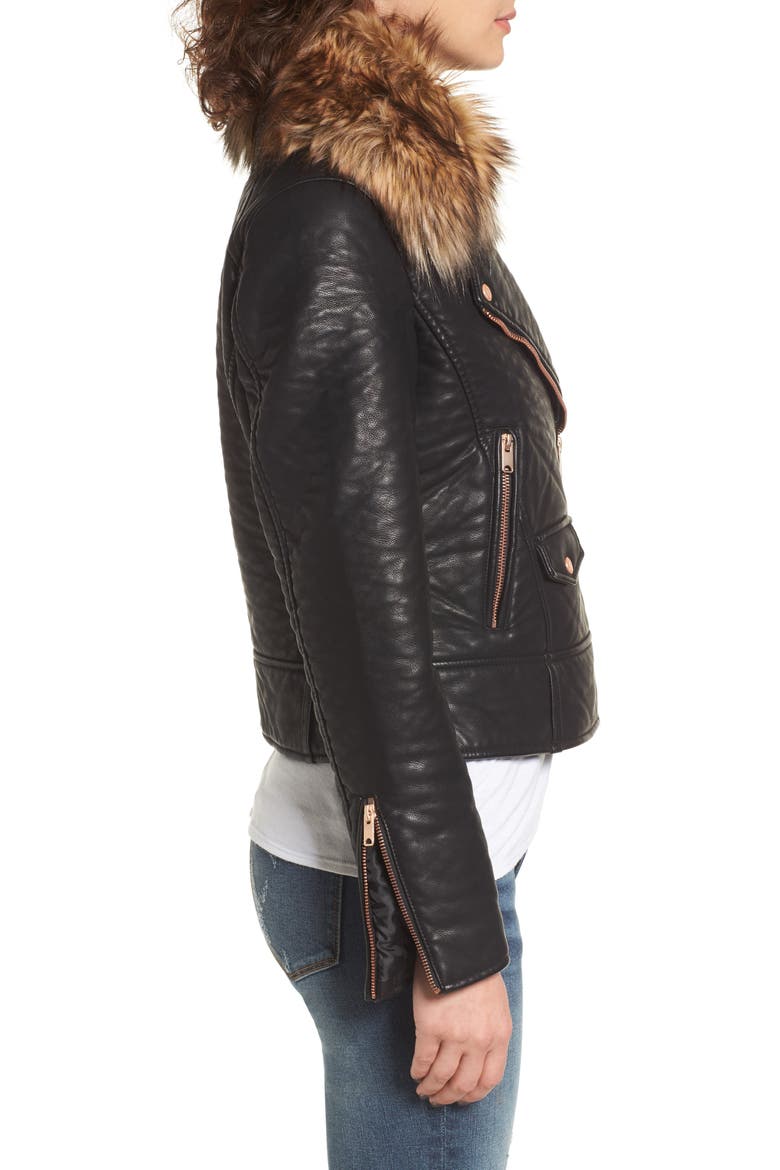 Andrew Marc Beverly Faux Leather Jacket with Faux Fur Trim, Alternate, color, BLACK
