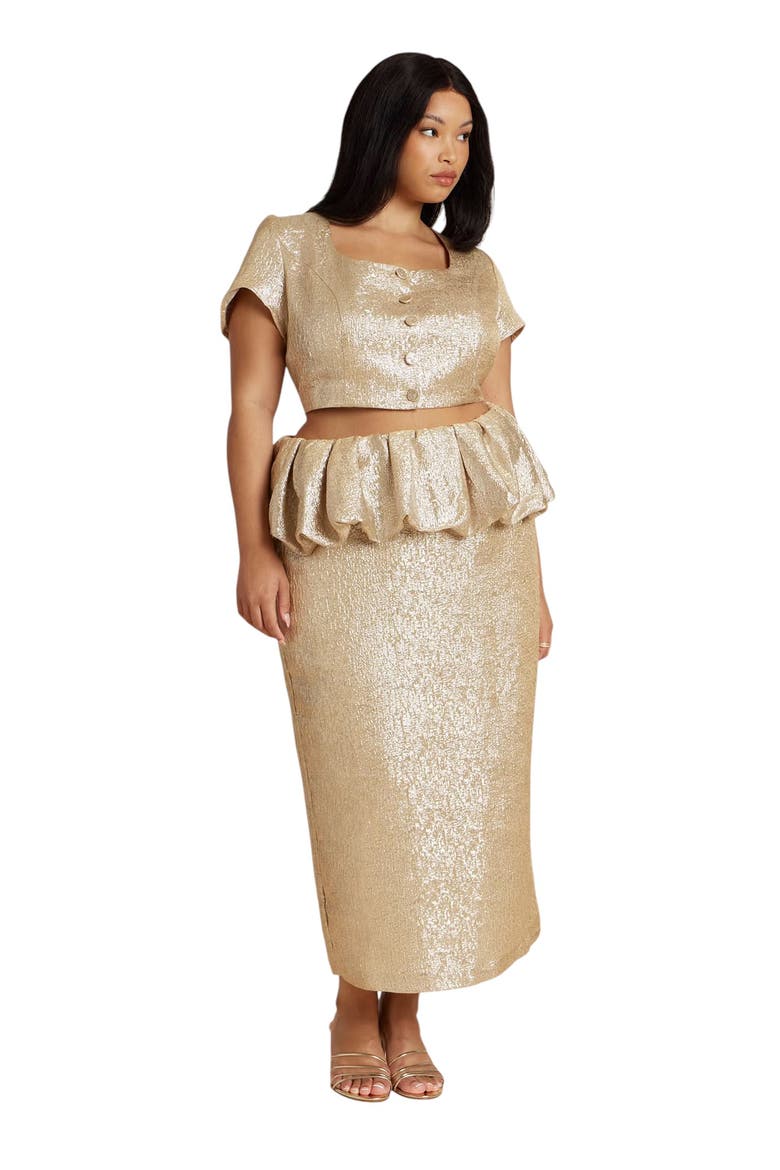 Metallic Skirt With Bubble Peplum, Alternate, color, CHAMPAGNE SILVER
