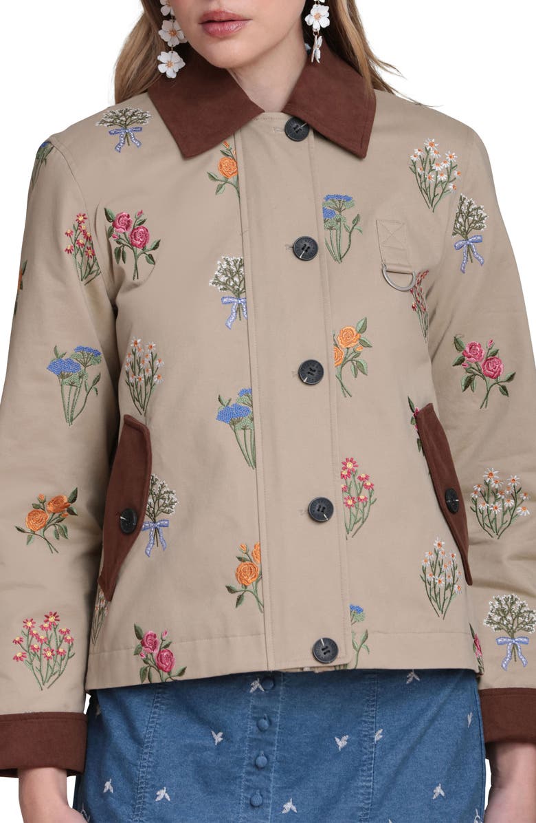 Avec Les Filles Embroidered Floral Cotton Chore Jacket, Alternate, color, Khaki