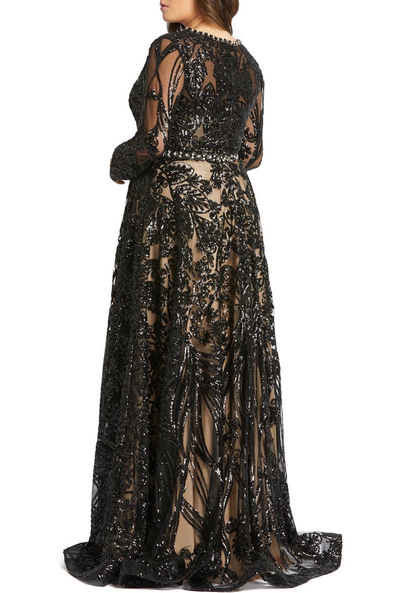 Sequin Burnout Long Sleeve Ballgown, Alternate, color, BLACK NUDE