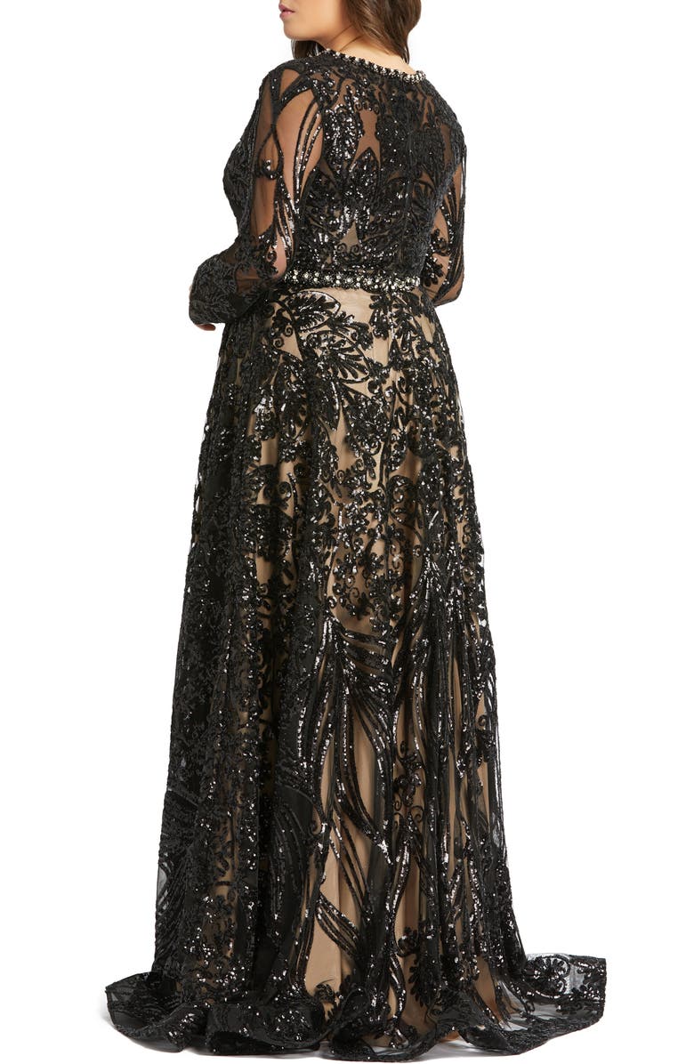 Mac Duggal Sequin Burnout Long Sleeve Ballgown, Alternate, color, 