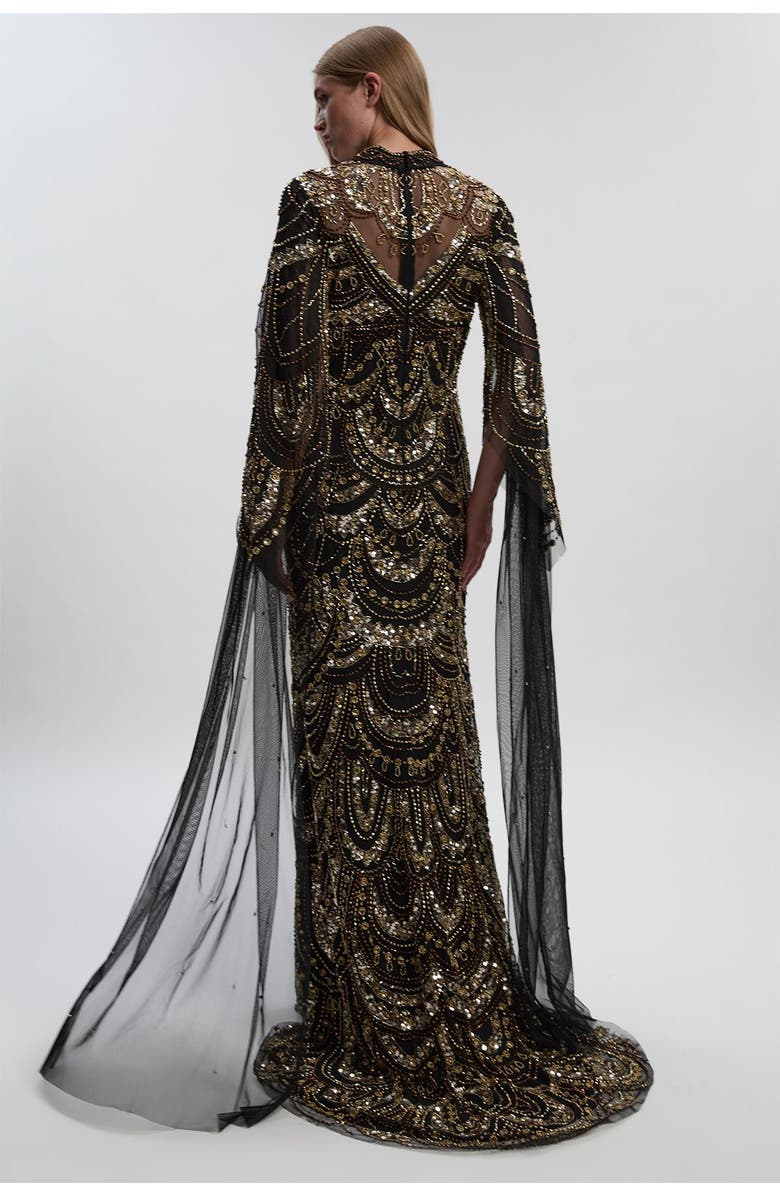 Karen Millen Beaded Midaxi Cape Dress, Alternate, color, Black