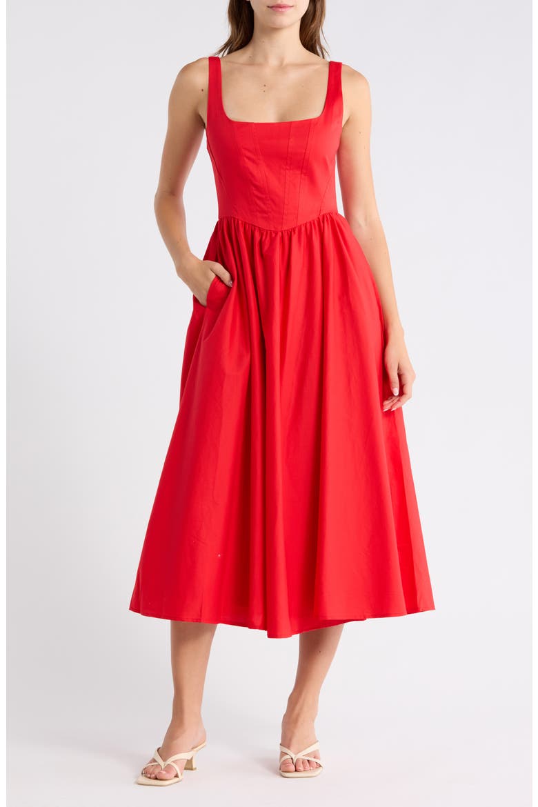 red corset midi dress Olena Front Zip creating graceful movement through the midcalf hemline Red Corset Wrap Midi Dress