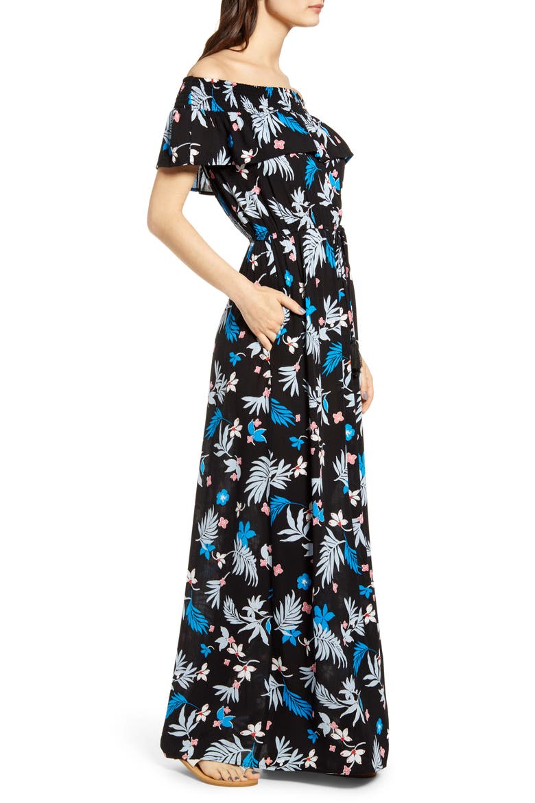 Floral Print Off the Shoulder Maxi Dress, Alternate, color, BLACK/ LIGHT BLUE