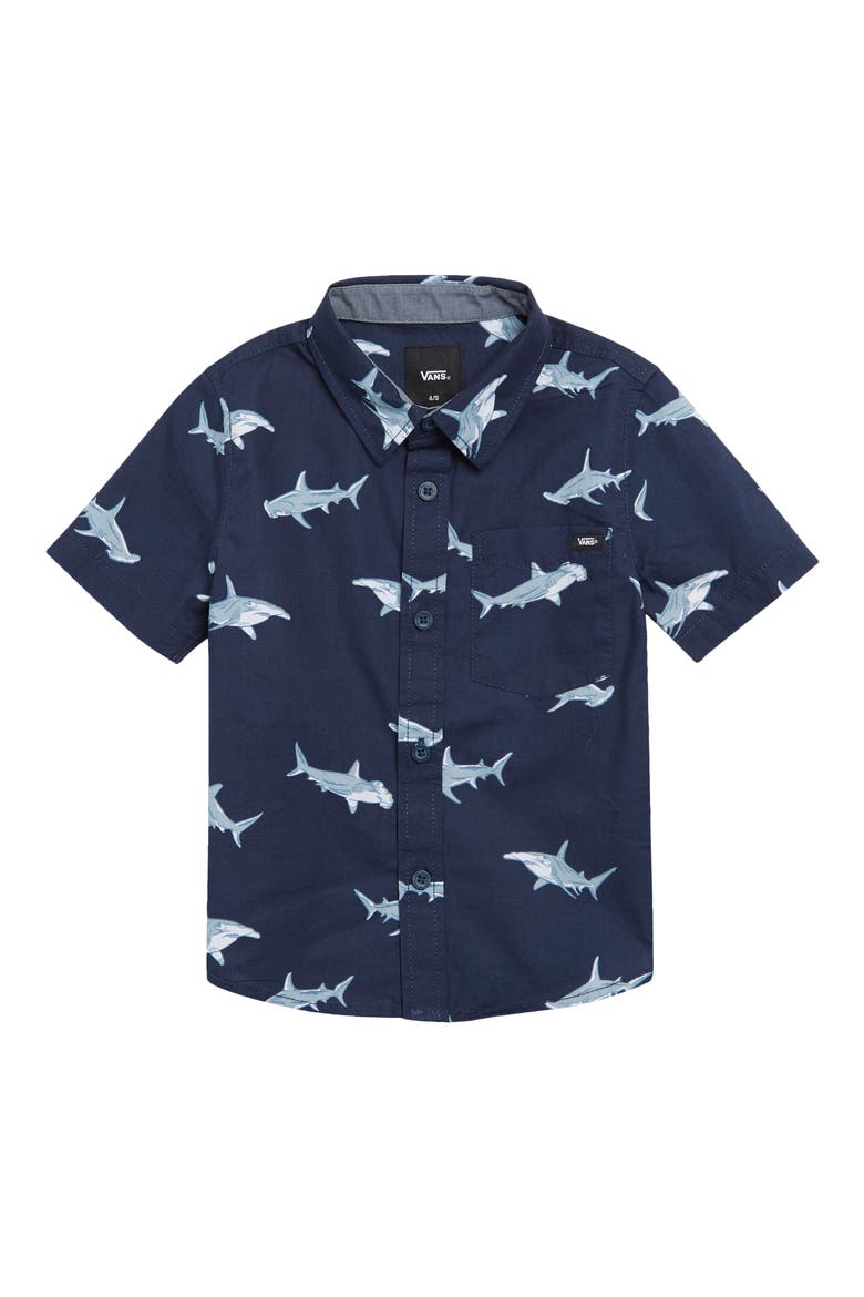 Kids' Shark Print Short Sleeve Button-Up Shirt, Main, color, DRESS BLUES
