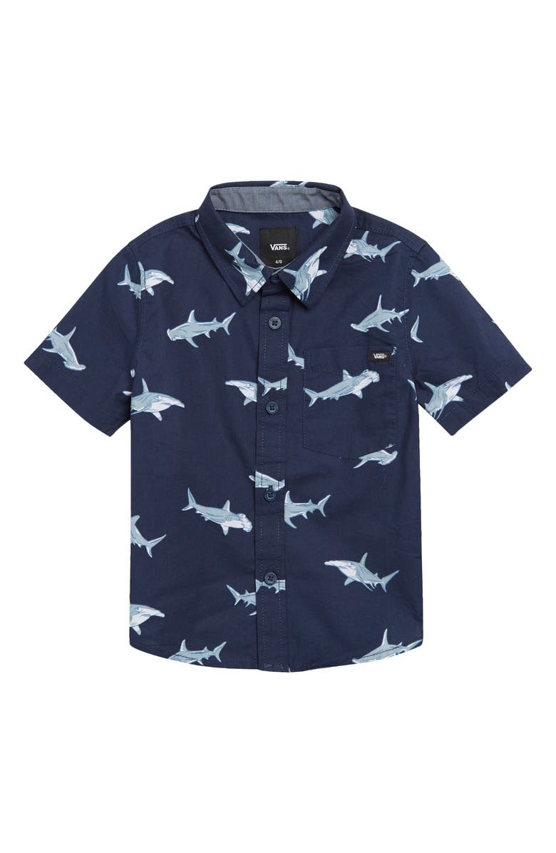 Vans Kids' Shark Print Short Sleeve Button-Up Shirt, Main, color, 