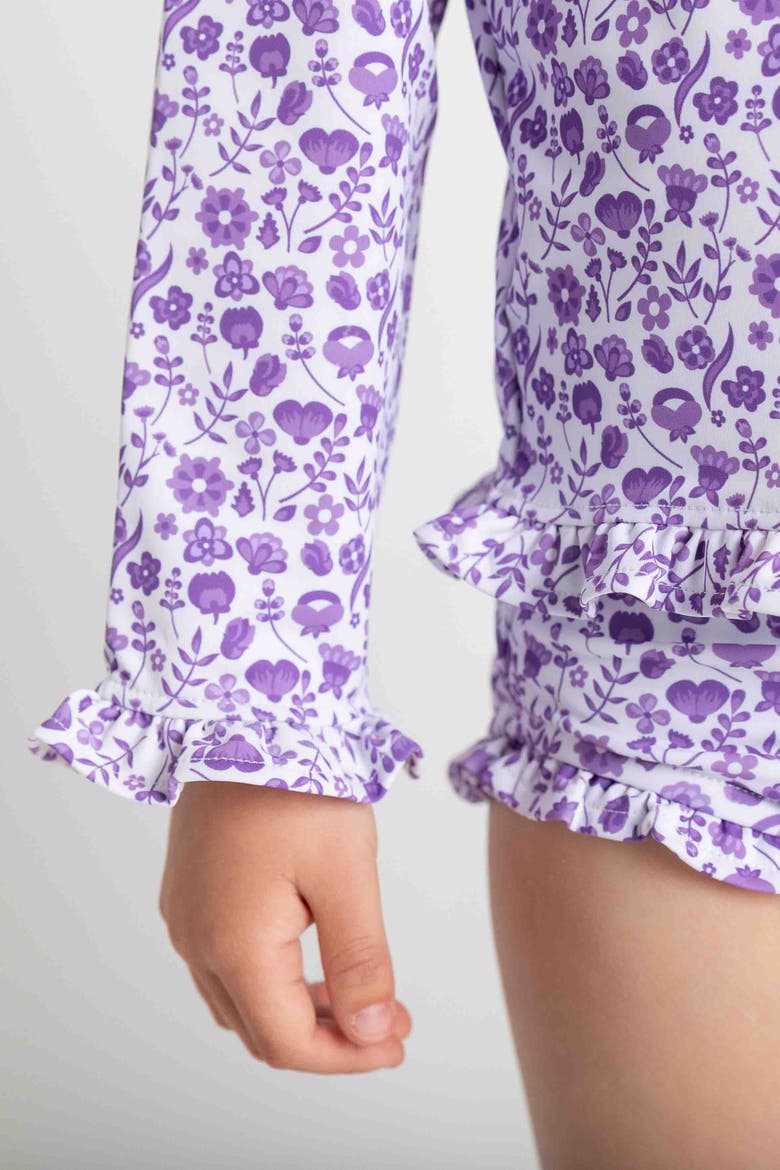 Floral Print Rashguard Swimsuit with Ruffles, Alternate, color, Purple/White