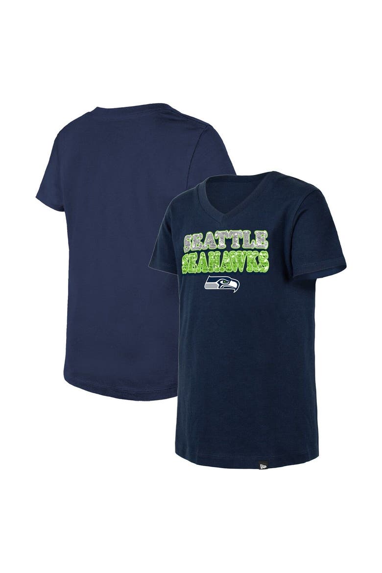 Girls Youth New Era College Navy Seattle Seahawks Reverse Sequin V-Neck T-Shirt, Main, color, Navy