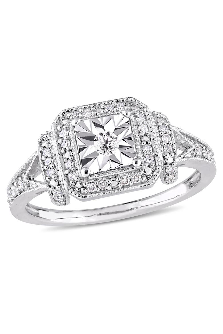 Diamond Halo Square Promise Ring, Main, color, Sterling Silver