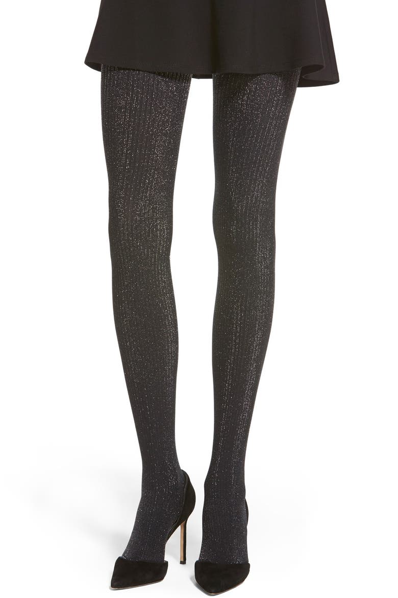 DKNY Metallic Knit Tights, Main, color, BLACK