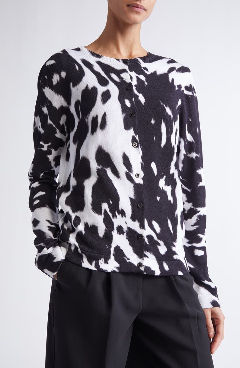 Oscar de la Renta Cow Print Cotton Blend Cardigan, Alternate, color, Black/ Ivory