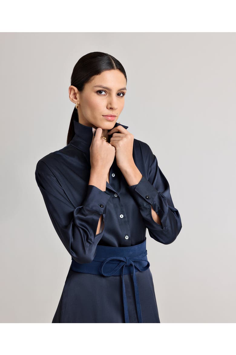Juliette Floral Silk Shirt Dress, Alternate, color, Blue Floral Border