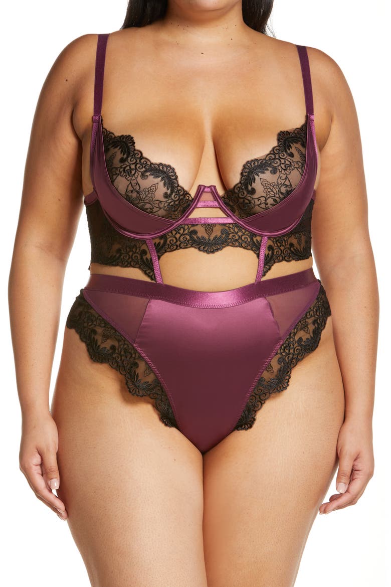 Cadence Strappy Eyelash Lace & Satin Underwire Teddy, Main, color, ITALIAN PLUM/ BLACK