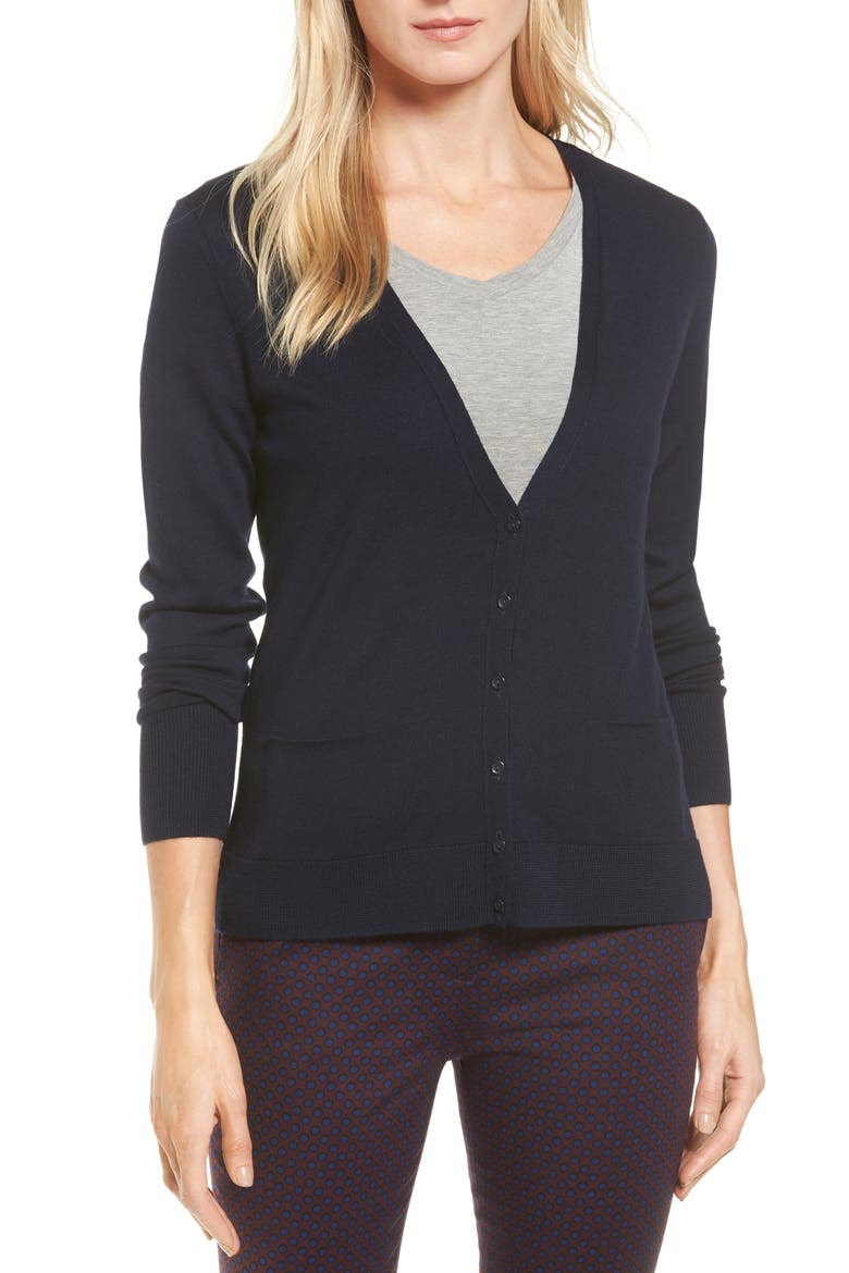 V-Neck Merino Wool Cardigan, Main, color, NAVY PEACOAT