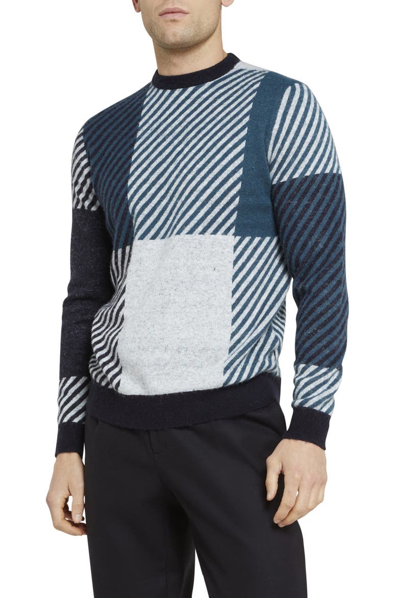 Skylark Check Pattern Crewneck Sweater, Main, color, NAVY