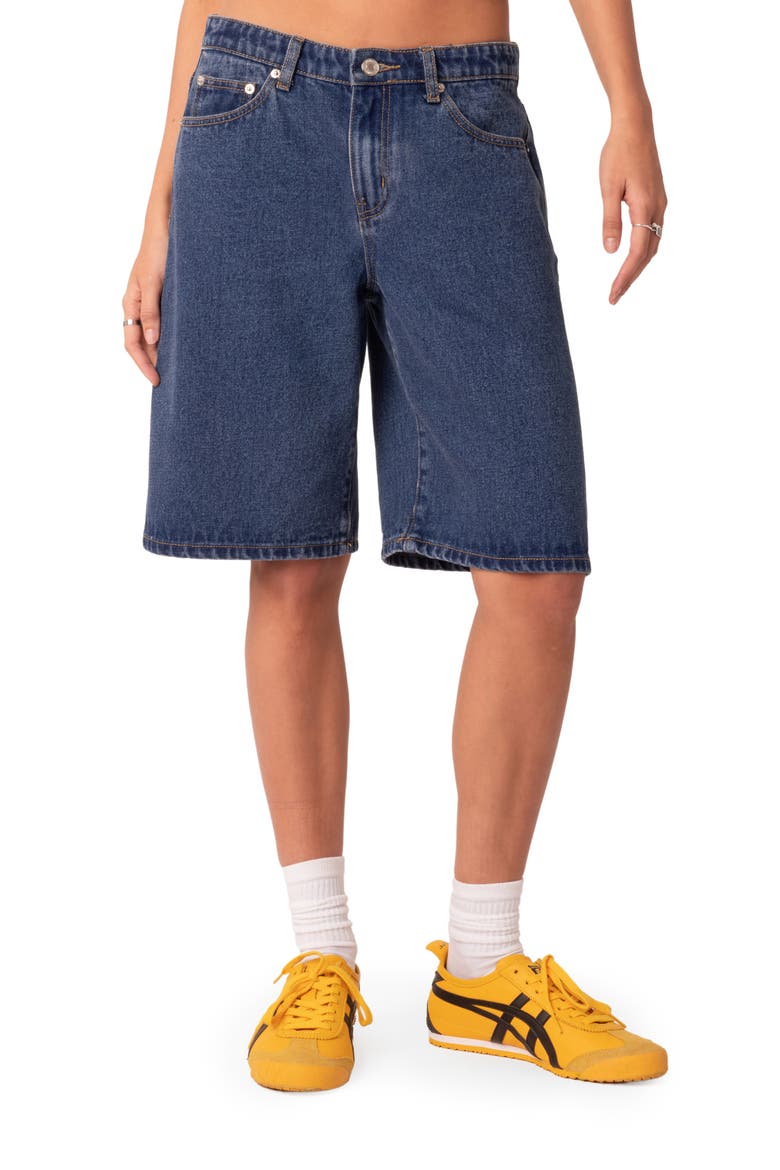 Oversize Low Rise Denim Bermuda Shorts, Main, color, BLUE