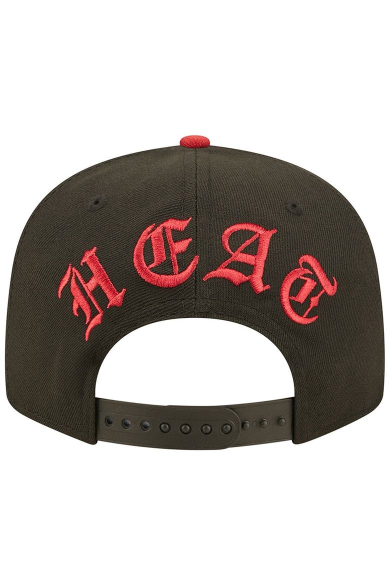 Men's New Era Black/Red Miami Heat Back Letter Arch 9FIFTY Snapback Hat, Alternate, color, Black