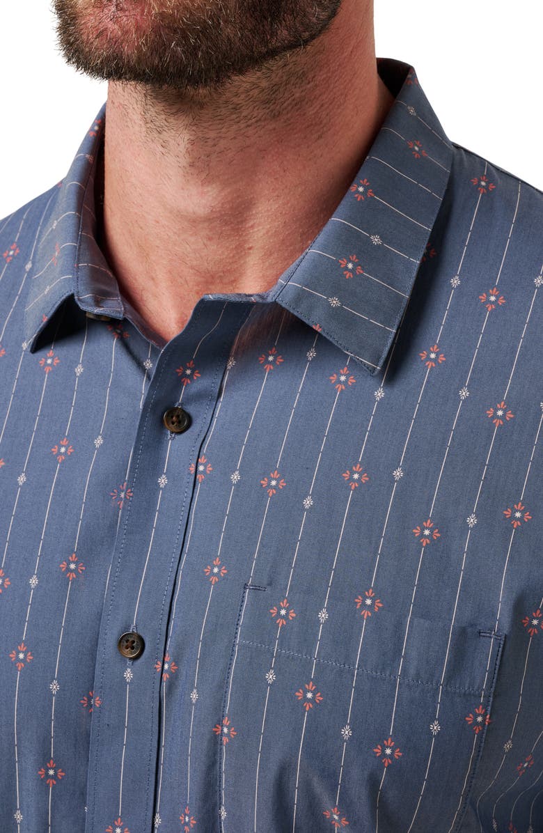 TravisMathew Deco Short Sleeve Cotton Blend Button-Up Shirt, Alternate, color, Heather Mood Indigo