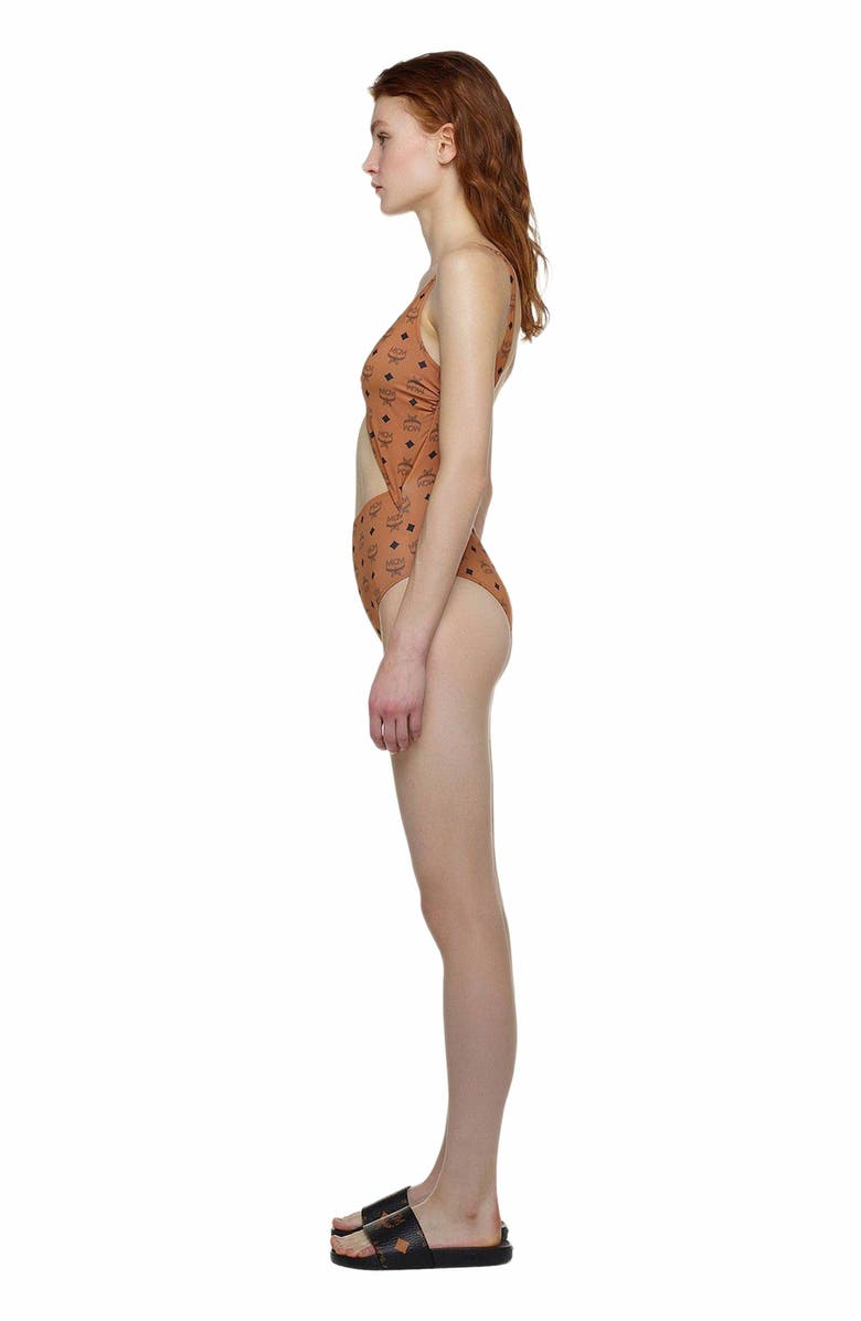 MCM Monogram Print Swimsuit, Alternate, color, Cognac