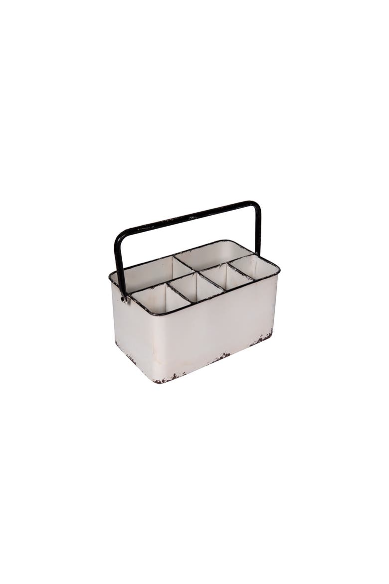 Metal Caddy with 6 Compartments, Handle, and Distressed Finish, White and Black, Main, color, White