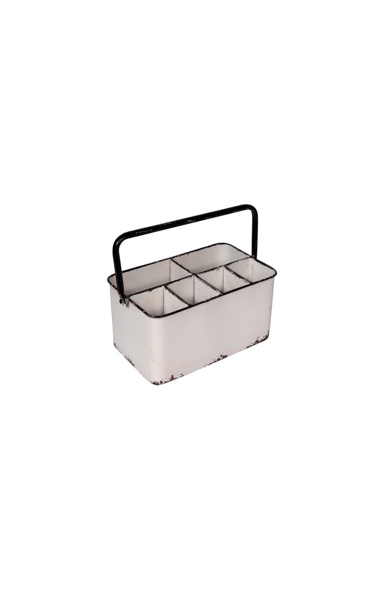 Storied Home Metal Caddy with 6 Compartments, Handle, and Distressed Finish, White and Black, Main, color, White