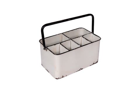 Metal Caddy with 6 Compartments, Handle, and Distressed Finish, White and Black