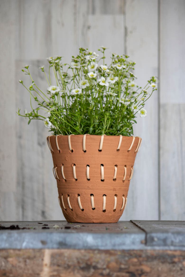 Natural Handthrown Terracotta Planter with Woven Rattan Accents, Alternate, color, Brown